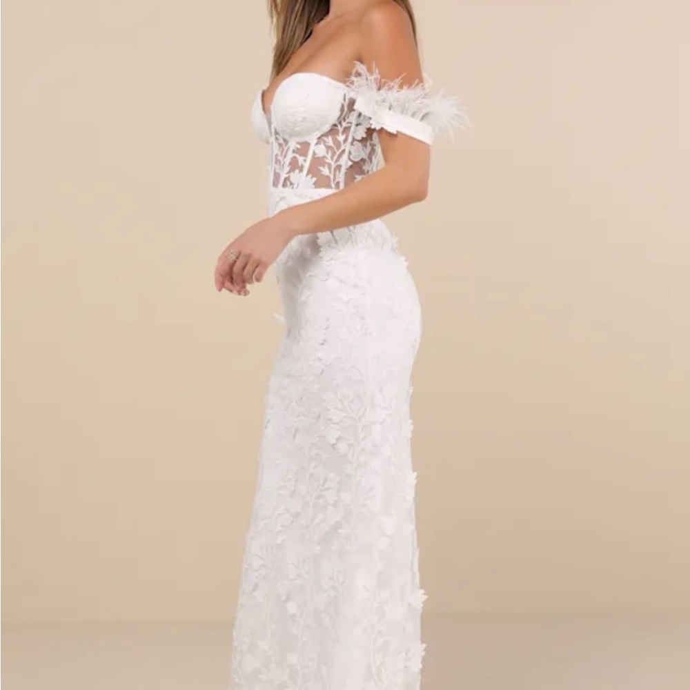 Lulu's Off-Shoulder White Floral Wedding Gown - Picture 3 of 7